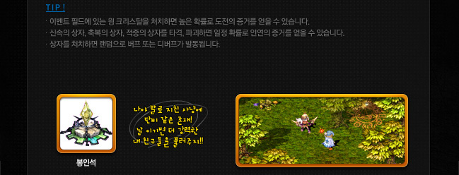 팁! 이벤트 필드에 있는 윙크리스탈을 처치하면 높은 확률로 도전의 증거를 얻을 수 있습니다. 신속의 상자, 축복의 상자, 적중의 상자를 타격, 파괴하면 일정 확률로 인연의 증거를 얻을 수 있습니다. 상자를 처치하면 렌덤으로 버프 또는 디버프가 발동합니다.